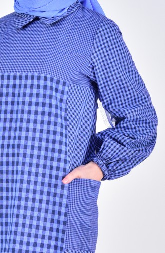 Shirt Collar Checkered Dress 2029-04 Blue 2029-04