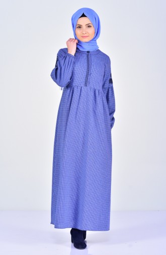 Kolu Nakışlı Elbise 2033-01 Mavi 2033-01