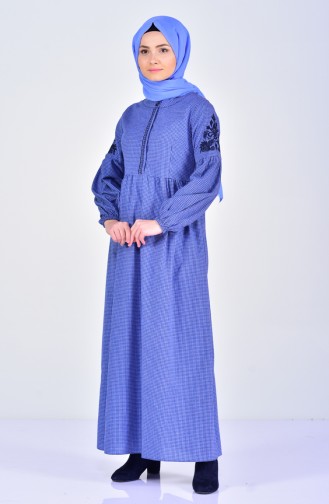 Kolu Nakışlı Elbise 2033-01 Mavi