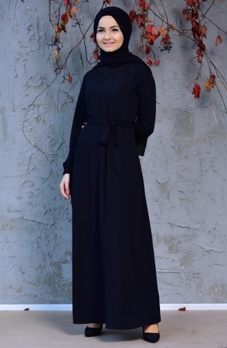 İncili Kuşaklı Elbise 5008-01 Siyah