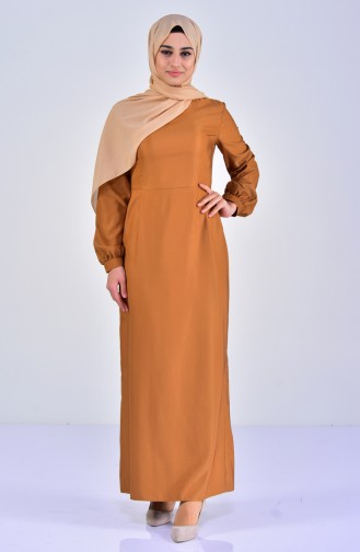 فستان سادة بتصميم أكمام منفوخة 7207-01 لون عسلي فاتح 7207-01