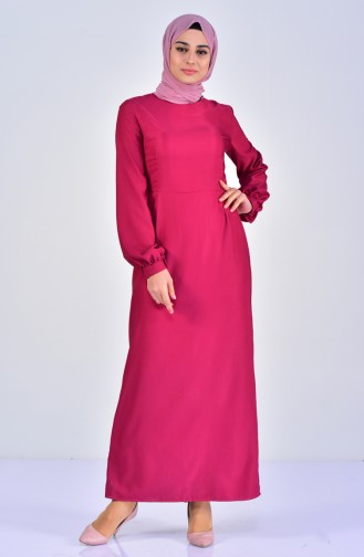 Balloon Sleeve Plain Dress 7207-03 Fuchsia 7207-03