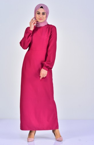 Balloon Sleeve Plain Dress 7207-03 Fuchsia 7207-03