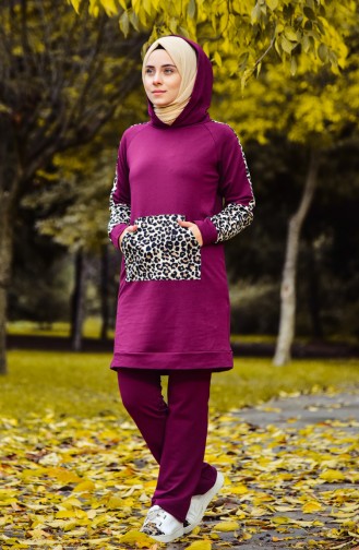 Sefamerve Leopard Patterned Tracksuit Suit 1404-03 Purple 1404-03