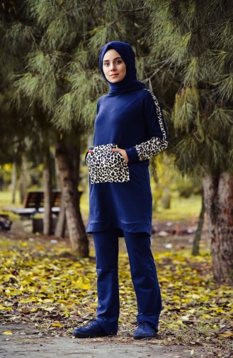 Sefamerve Leopard Patterned Tracksuit Suit 1404-02 Navy 1404-02