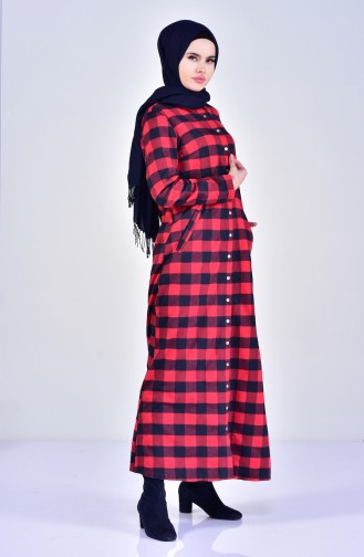 Plaid Patterned Dress 1002-03 Red Navy Blue 1002-03
