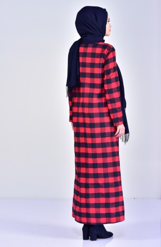 Plaid Patterned Dress 1002-03 Red Navy Blue 1002-03