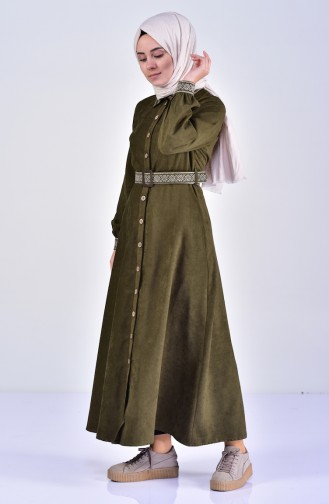 فستان بتصميم حزام للخصر 2030-04 لون اخضر كاكي 2030-04