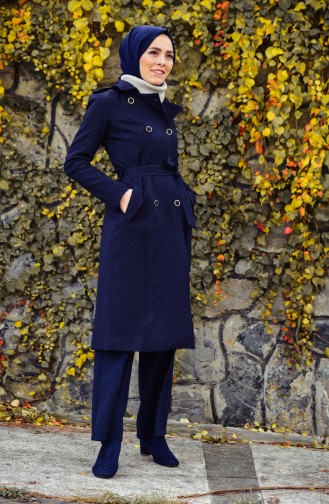 Buttoned Trench Coat 0203-04 Navy Blue 0203-04