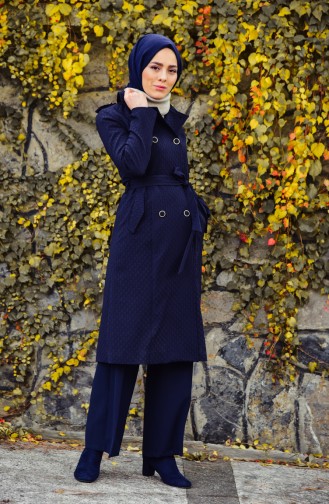 Buttoned Trench Coat 0203-04 Navy Blue 0203-04