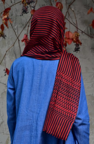 Striped Patterned Cotton Shawl 2118-12 Red Black 2118-12