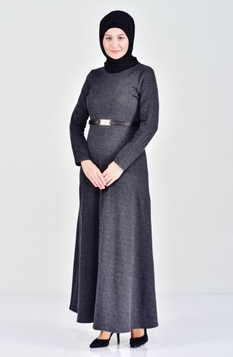 فستان بتصميم حزام خصر7128-08 لون أسود مائل للرمادي 7128-08