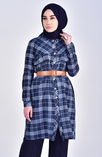 Plaid Patterned Tunic 5063-04 Navy Blue 5063-04
