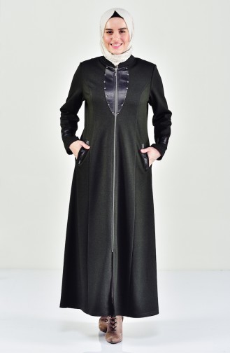 معطف طويل بتصميم مُزين بالجلد وبمقاسات كبيرة 1079-02 لون اخضر كاكي 1079-02
