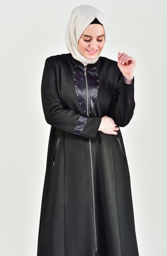 Grosse Grösse Hijab Ledermantel mit Patchwork 1079-02 Khaki 1079-02