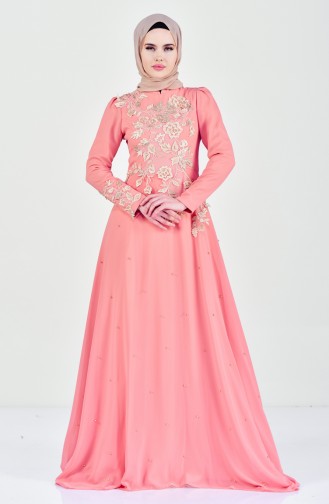 Flower Appliqued Evening Dress 6150-01 Salmon 6150-01