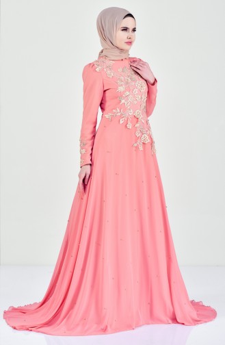 Flower Appliqued Evening Dress 6150-01 Salmon 6150-01