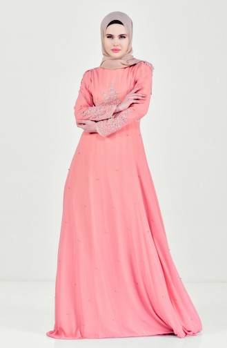 Hijab Kleid mit Spitze und Perlen 6151-01 Lachs 6151-01