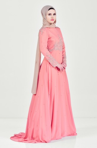 Hijab Kleid mit Spitze und Perlen 6151-01 Lachs 6151-01