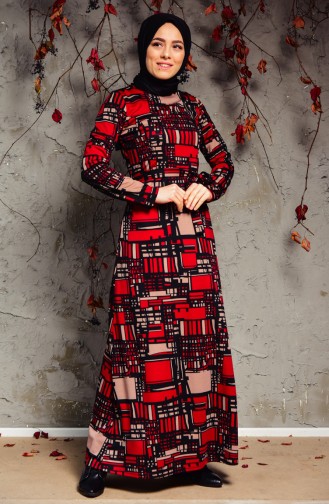 Dilber Patterned Belted Dress 7112-01 Claret Red Black 7112-01