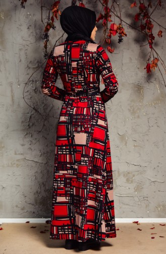 Dilber Patterned Belted Dress 7112-01 Claret Red Black 7112-01