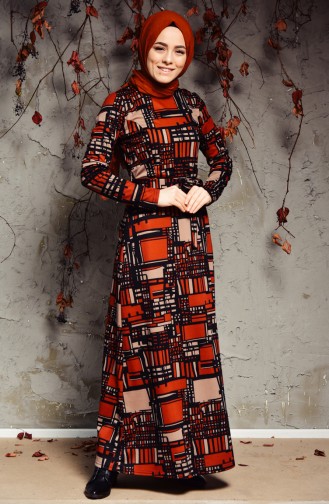دلبر فستان بتصميم مُطبع وحزام خصر 7112-02 لون قرميدي وأسود 7112-02