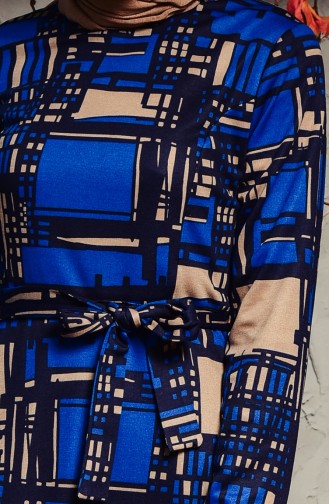 دلبر فستان بتصميم مُطبع وحزام خصر 7112-03 لون أسود وبترولي 7112-03