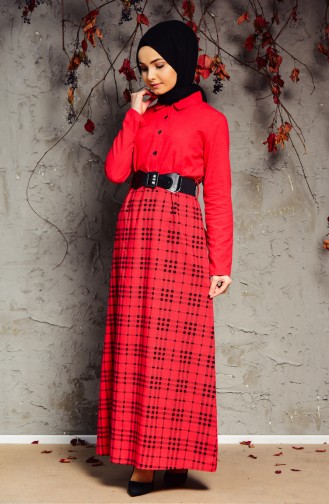 Kemerli Elbise 4045-01 Kırmızı