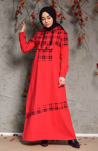 Kapüşonlu Elbise 4046-05 Kırmızı