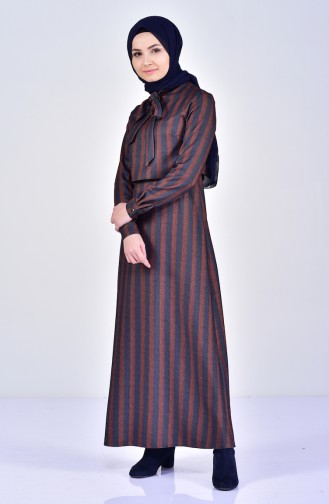 Çizgili Kravat Yaka Elbise 0735-01 İndigo Kahverengi