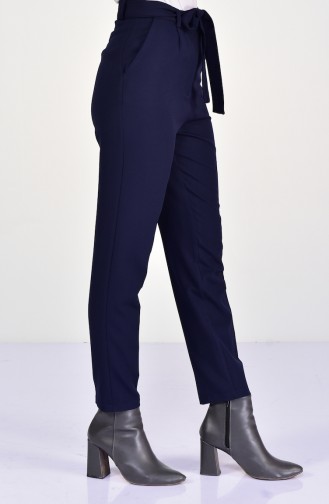 Belted Straight Leg Pants 4002-05 Navy Blue 4002-05