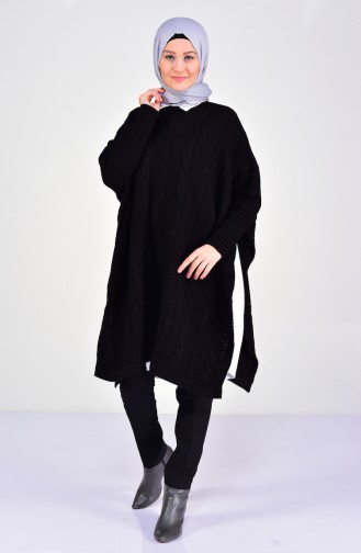 Braid Decorated Knitwear Poncho 8287-02 Black 8287-02