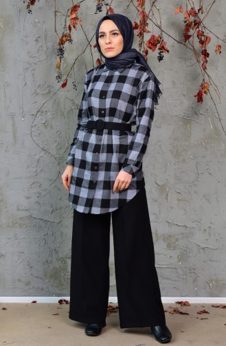 Plaid Patterned Tunic 5013-02 Black Gray 5013-02