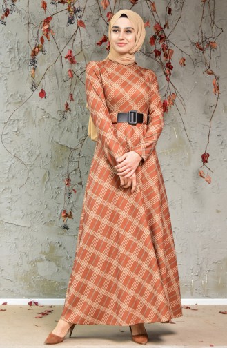 Plaid Patterned Belt Dress 0730-02 Taba 0730-02