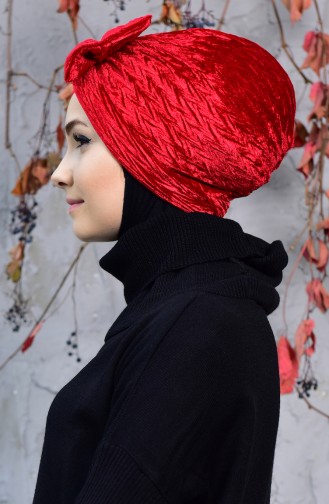 Fiyonklu Kadife Bone 1026-06 Kırmızı 1026-06