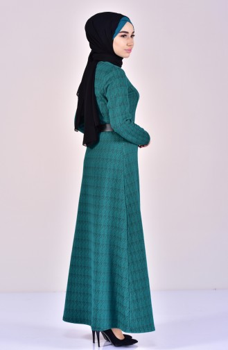 Gemustertes Kleid mit Gürtel 7116-03 Smaragdgrün 7116-03