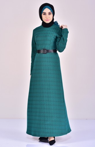 Gemustertes Kleid mit Gürtel 7116-03 Smaragdgrün 7116-03