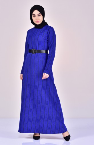 دلبر فستان مُطبع بتصميم حزام للخصر 7118-01 لون ازرق 7118-01