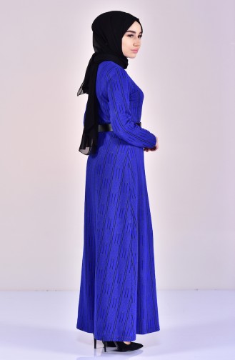 دلبر فستان مُطبع بتصميم حزام للخصر 7118-01 لون ازرق 7118-01