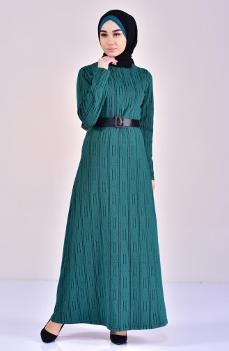 Gemustertes Kleid mit Gürtel 7118-02 Smaragdgrün 7118-02