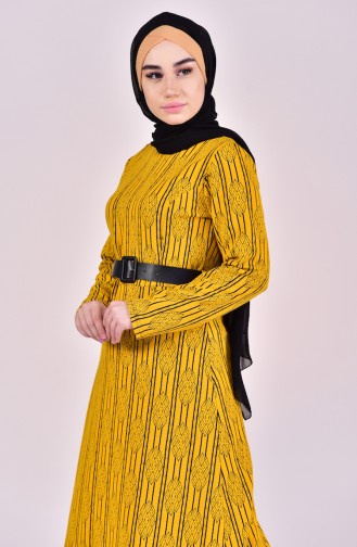 Dilber  Patterned Belt Dress 7118-03 Mustard 7118-03