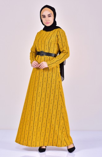 Dilber  Patterned Belt Dress 7118-03 Mustard 7118-03