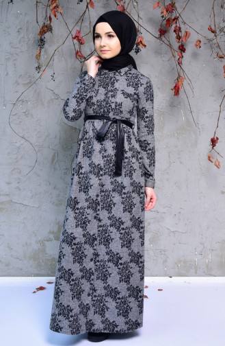 Winterliches Kleid mit Knopf 2038A-01 Grau Schwarz 2038A-01