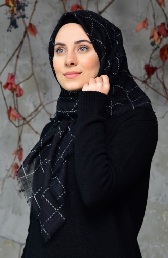 Square Patterned Flamed Cotton Scarf 2122-03 Black 2122-03