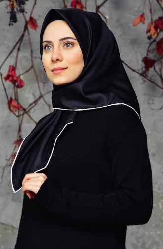 Renkli Biyeli Düz Twill Eşarp 2128-01 Siyah Ekru