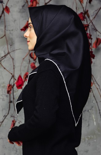 Renkli Biyeli Düz Twill Eşarp 2128-01 Siyah Ekru