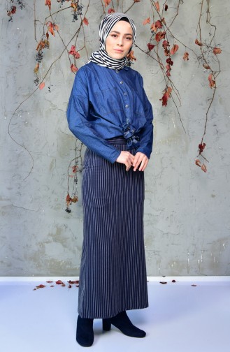 Striped Pencil Skirt 5962-06 Navy Blue 5962-06