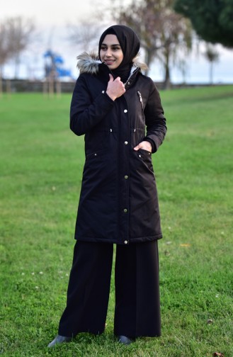 Manteau Matelassé a Fourrure 6007-02 Noir 6007-02