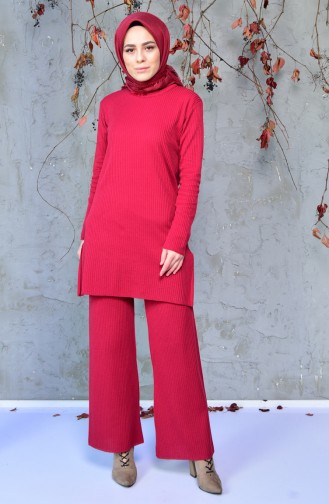 İnce Triko Tunik Pantolon İkili Takım 4094-05 Bordo