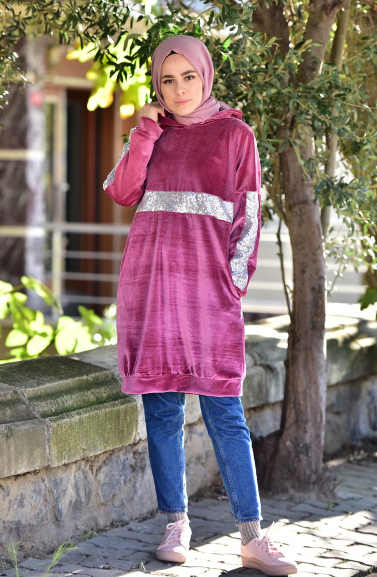 Payetli Kadife Tunik 0417-05 Gül Kurusu
